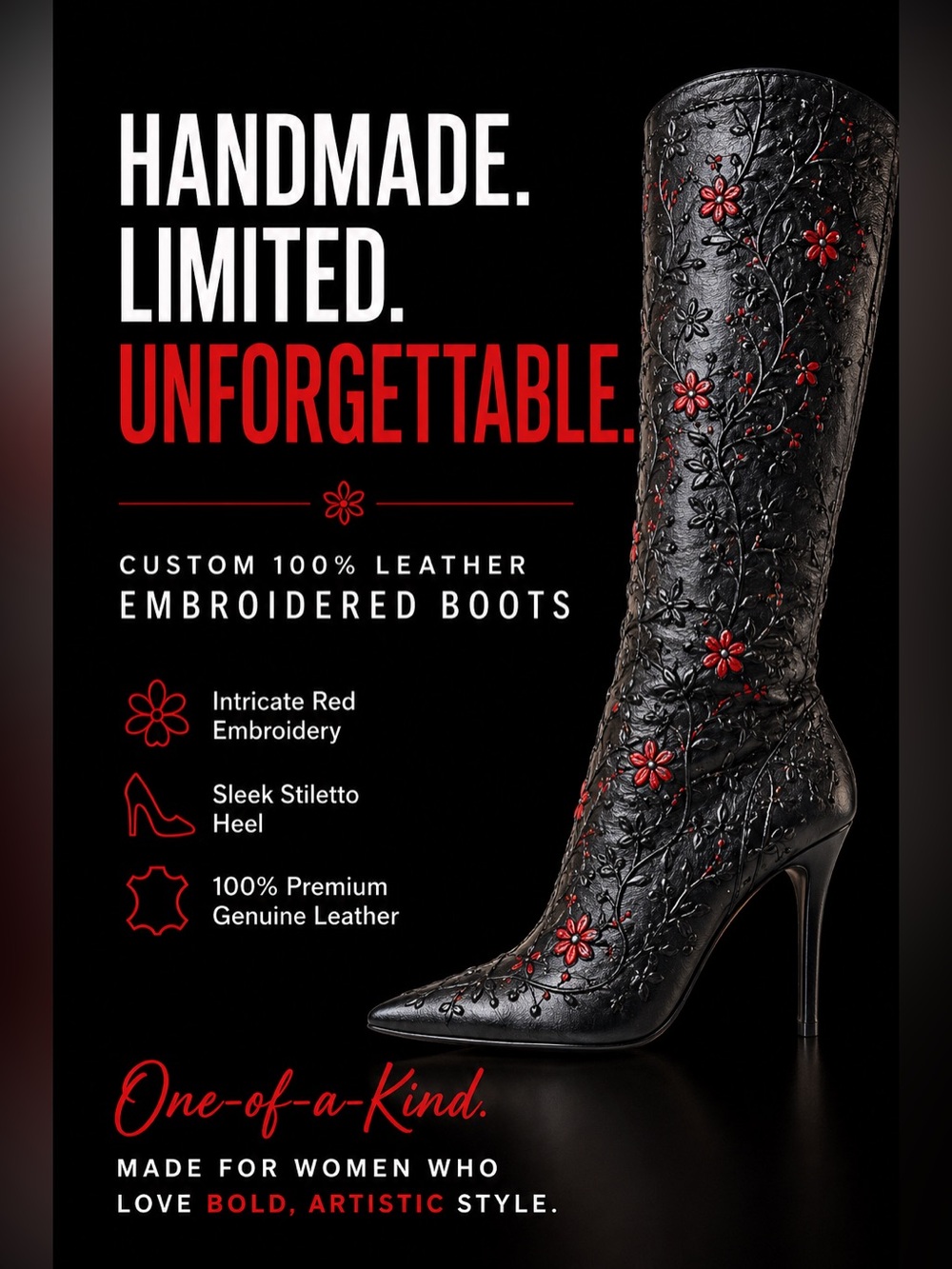 Custom Handmade 100% Leather Black and Red Embroidered Boots